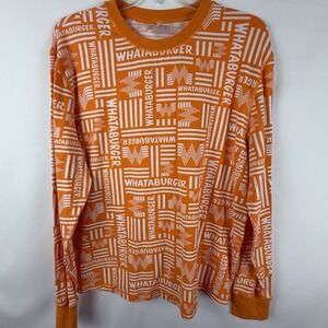 Whataburger Sz L Orange All Over Logo Pattern Long Sleeve Crew Neck T Shirt Tex
